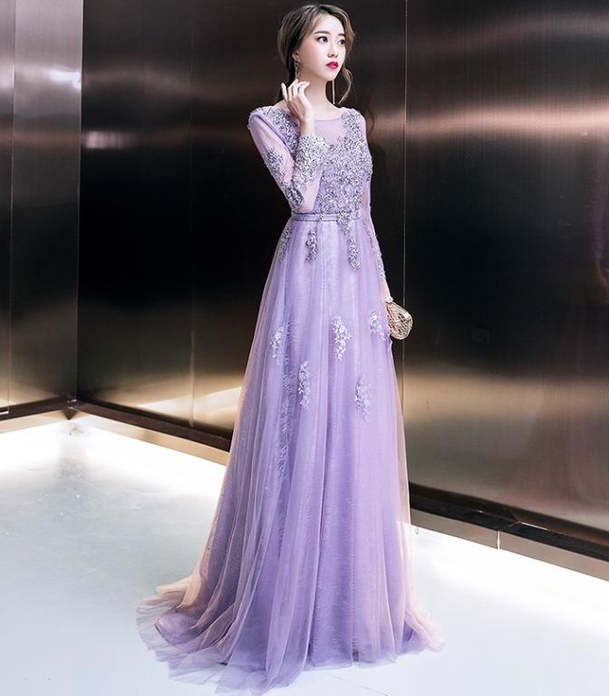 Purple evening dresses with sleeves cheap
