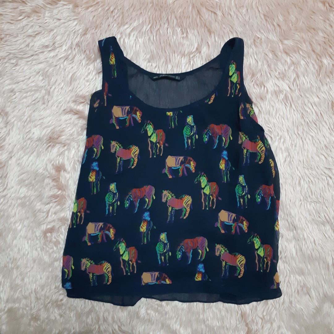 Zara Dark Blue Printed Top Women S Fashion Clothes Tops On Carousell