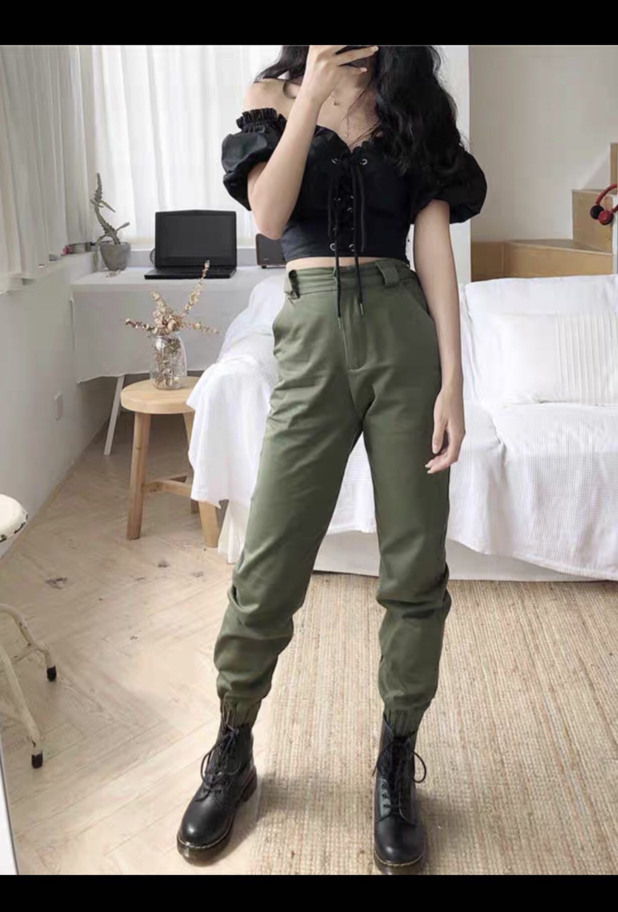 High waisted cargo pants with belt Clearance