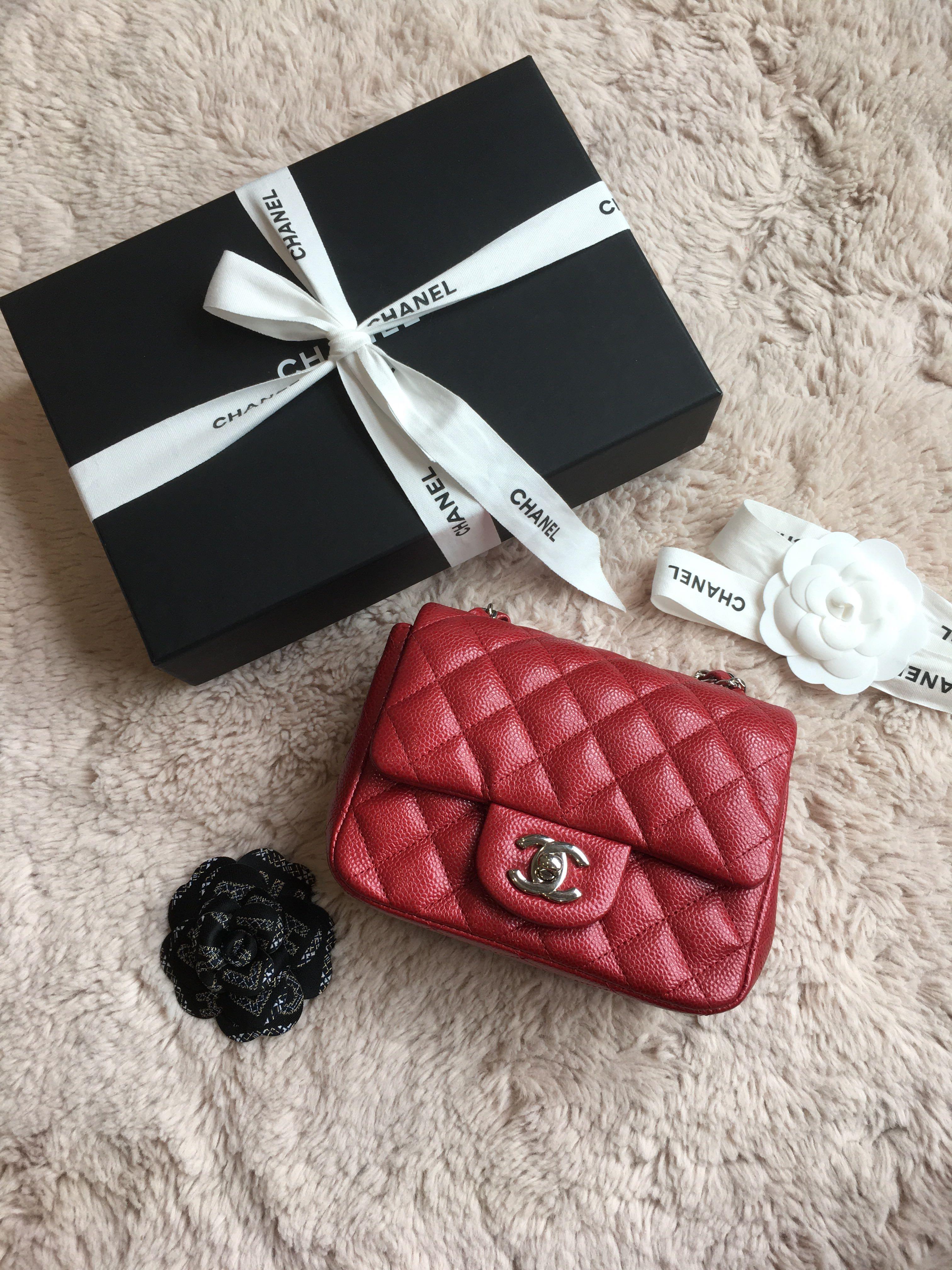 Chanel Mini Square Red Caviar, Luxury, Bags & Wallets on Carousell