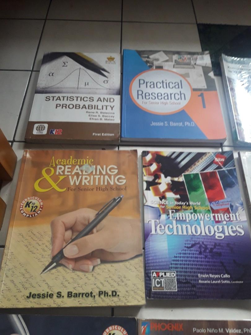 Grade 11 books for senior high school (Category: Textbooks) located in Quezon City. Submitted by shopaholics.31 (Listing ID 1048081767, Image 2). Description: price 150-200 komunikasyon at pananaliksik sa wika at kulturang pilipino english for academic & professional purposes oral communication in context static and probability science empowerment technologies practical research 1 academic reading and writing (SOLD) pagbasa at pagsusuri ng ibat i
