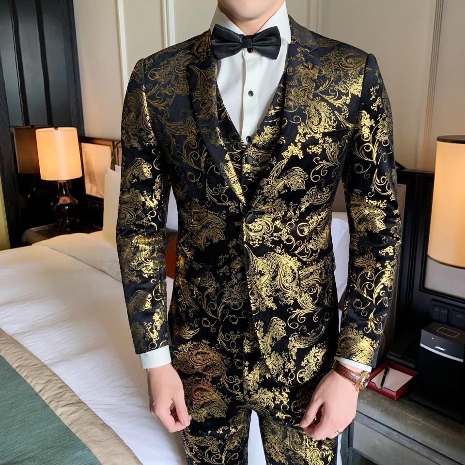 Men GOLD suit 2/ 3pc gold black floral suit formal wedding available ...