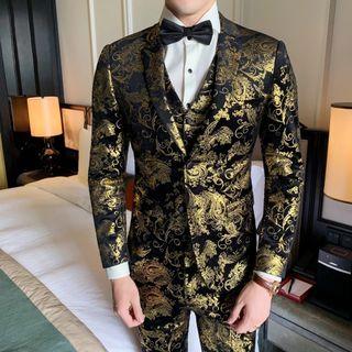Men GOLD suit  2/ 3pc gold black floral suit formal wedding available