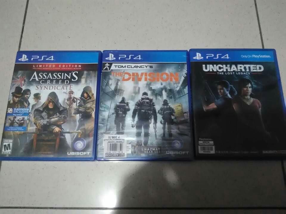 Ps4 games for sale! (Category: PlayStation) located in Marilao. Submitted by bong2111 (Listing ID 1048121416, Image 3). Description: Brand new Shadow of War- 1,200 For Honor- 800 TITANFALL2- 700 The Last Guardian- 800 Used Tom Clancy's The Division- 500 Fallout4- 700 The Evil Within2- 800 Nier: Automata- 1400 Resident evil 2- Sold Tomb Raider- 1200 Uncharted: the lost legacy- Sold Assassin's Creed syndicate-Sold Dark souls 3- 900.