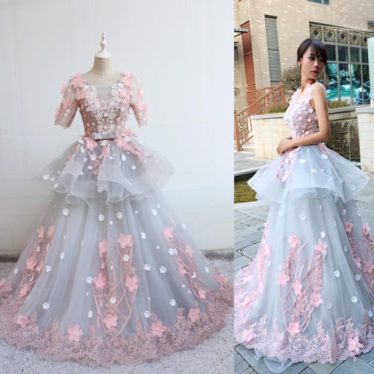 Pre order Mak Tumang grey flower short sleeve fishtail peplum wedding prom evening dress gown RBP1582 Women s Fashion Dresses Sets Traditional Ethnic wear on Carousell