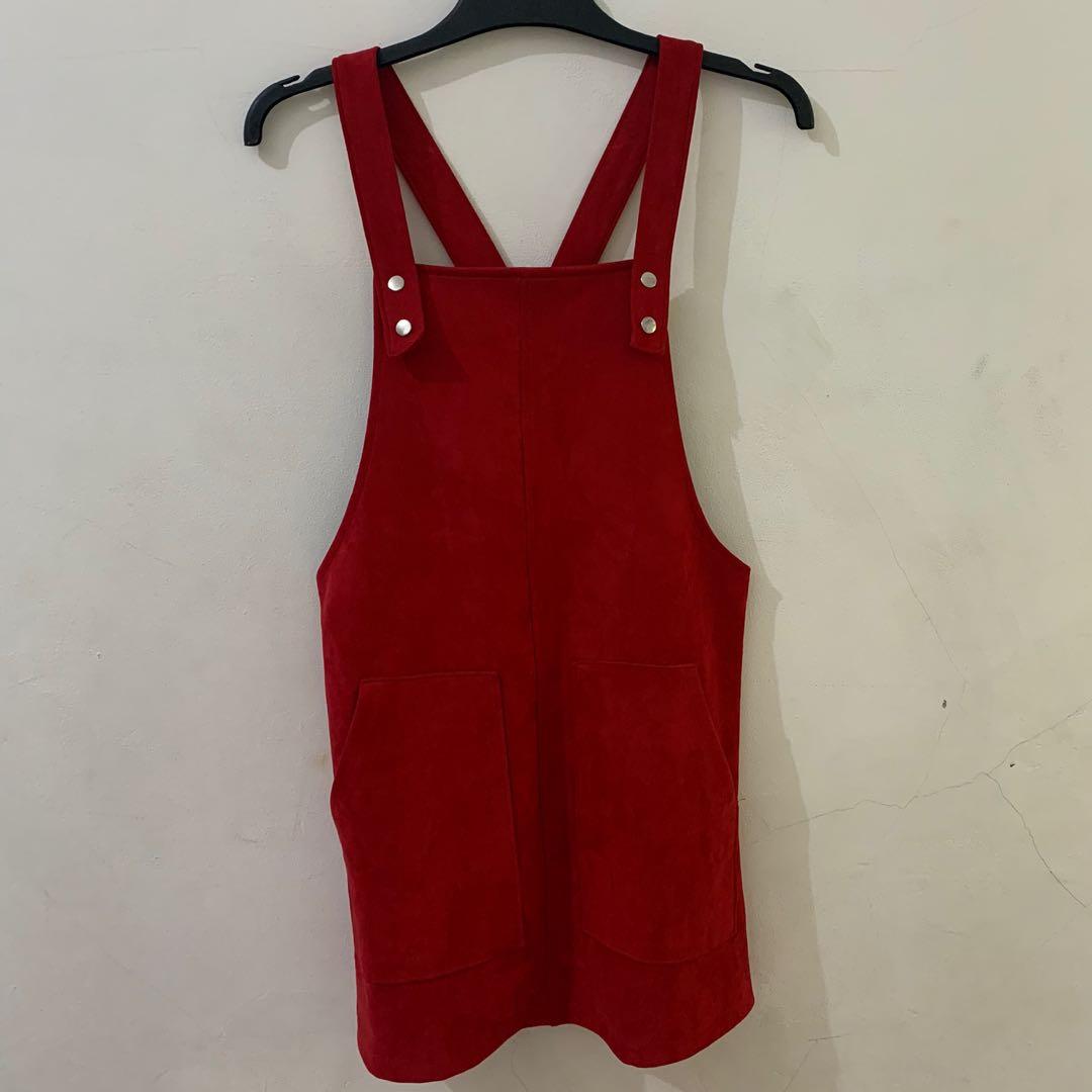 red overall skirt
