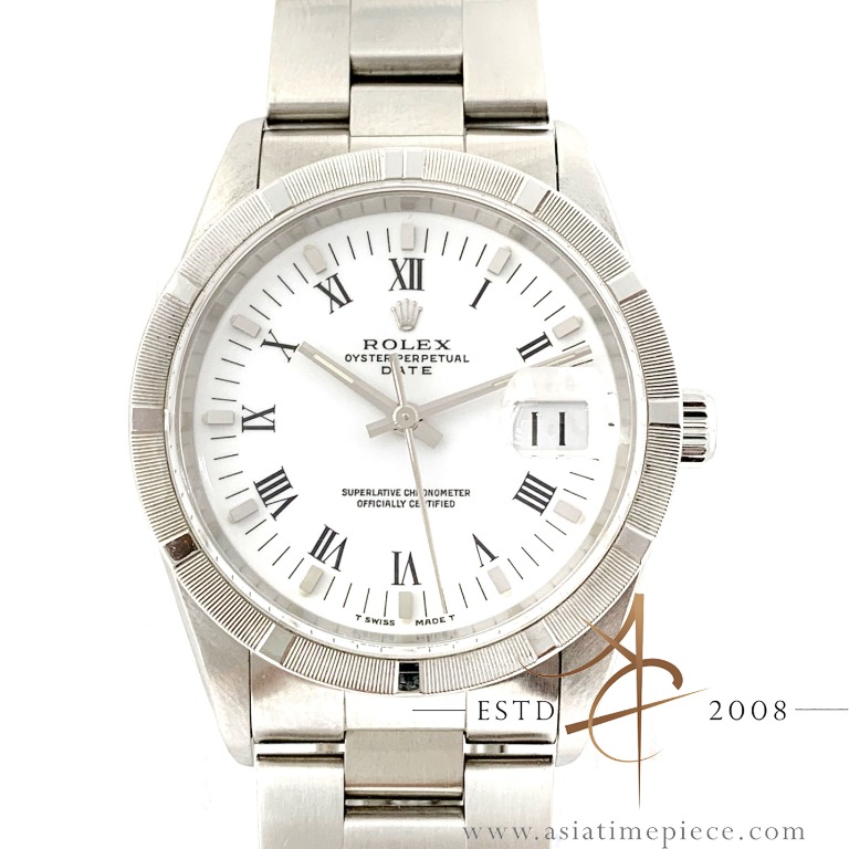 rolex-date-15210-white-roman-dial-engine-turn-bezel-1999-luxury