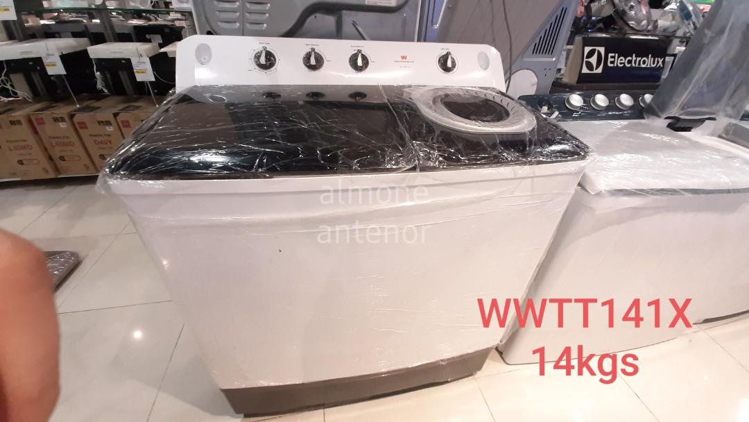 White Westinghouse Twintub Washing Machine (Category: Washing Machines and Dryers) located in Manila. Submitted by almnantnr (Listing ID 1048354581, Image 2). Description: TWIN TUB 14kgs WWTT141X - 13800 14kgs EWS14262WA - 14100 12kgs EWS13262WA - 12300 10kgs WWTT101X - 10000 8kgs WWTT81X - 7850 7kgs WWTT71X - 6990 1 year warranty Parts and Services, with 7 days replacement. WE offer Delivery around Metro Manila We also accept COD (Delivery Charg