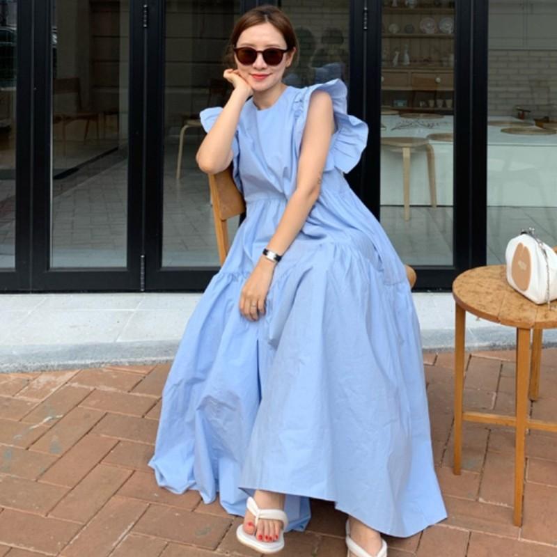 Korean White Baby blue frilly simple long maxi dress Women s