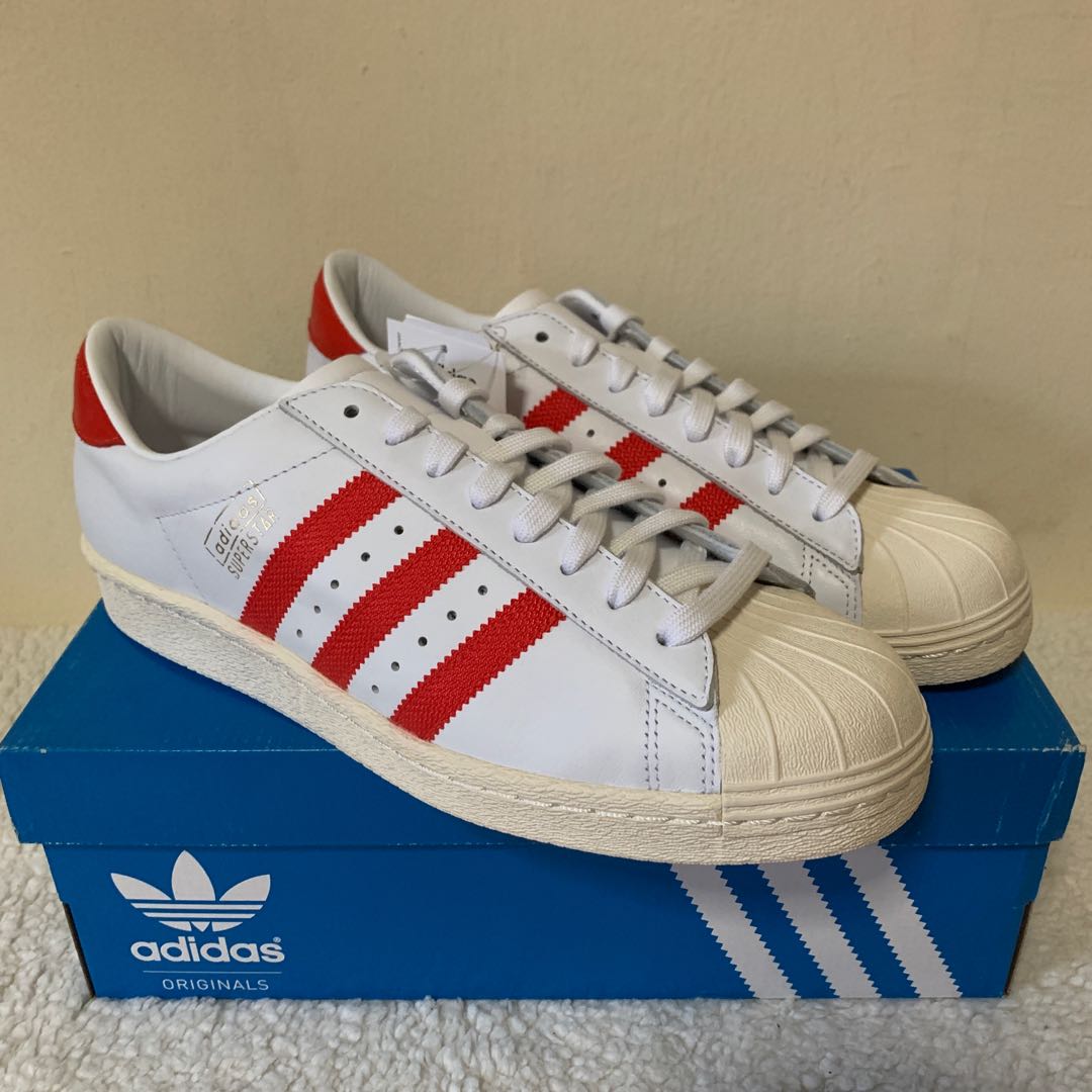 Adidas originals superstar og trainers in white and red hot sale