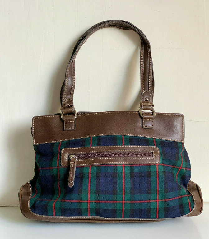 CHAPS RALPH LAUREN HARRIET MACKINLAM NAVY GREEN PLAID SATCHEL TOTE