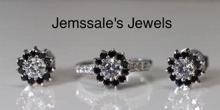 jem: 1-Carat Solo Swiss Diamond with Black Sapphire Halo Earrings & Ring Set in Fine Silver