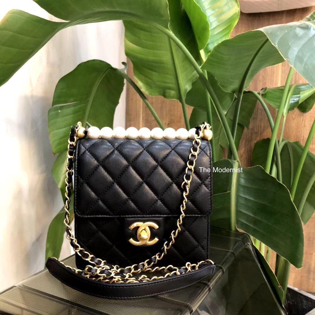 Authentic Chanel Pearl Vertical Flap Bag Black Lambskin Gold Hardware