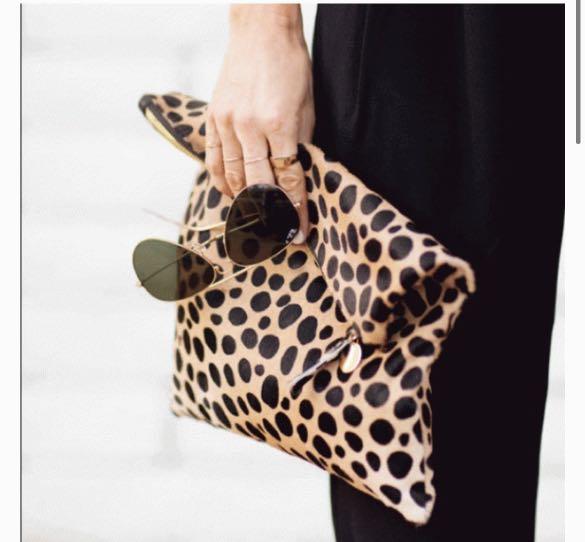 Clare vivier flat clutch leopard hair on, Women's Fashion, Bags