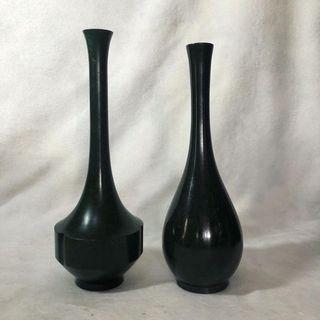 Pair of Emerald Green Metal Vases with Markings