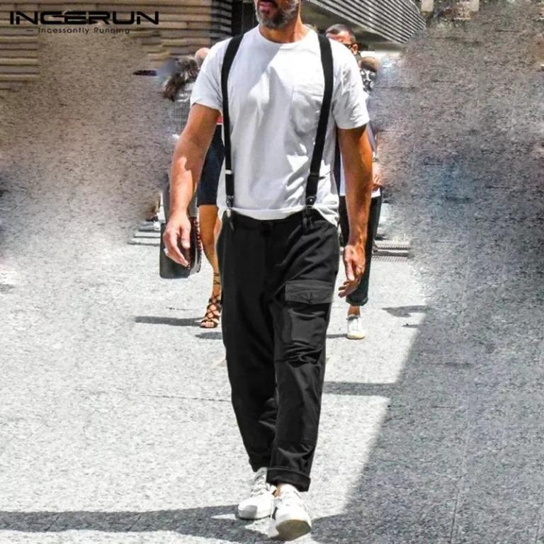 Fashion Men Cargo Pants Solid 2020 Baggy Pockets Button Suspenders Casual Straps Rompers Streetwear Trousers Men