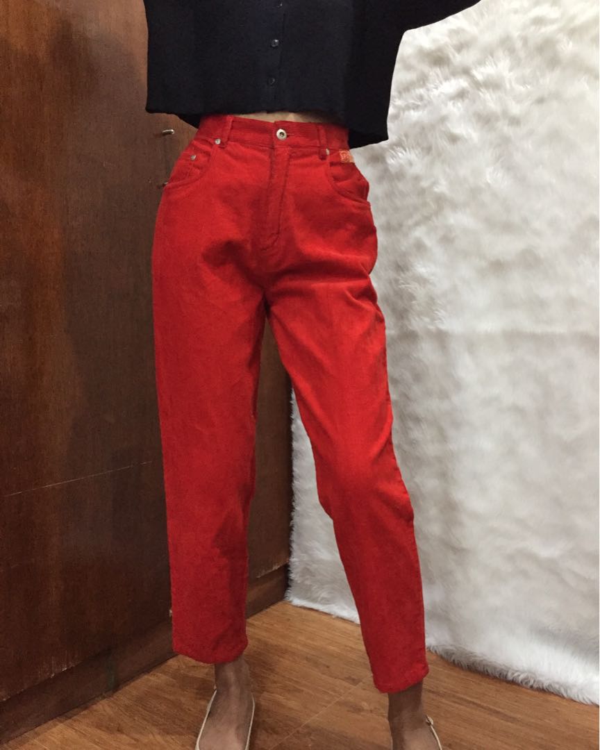 Red corduroy mom jeans, Women's Fashion, Bottoms, Jeans on Carousell