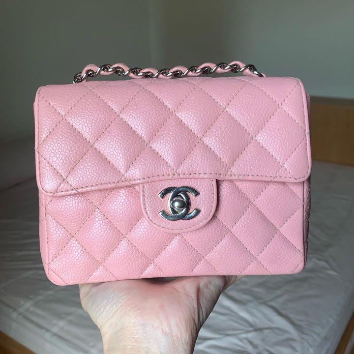 AUTHENTIC CHANEL Caviar Sakura Pink SHW Mini Square Flap Bag