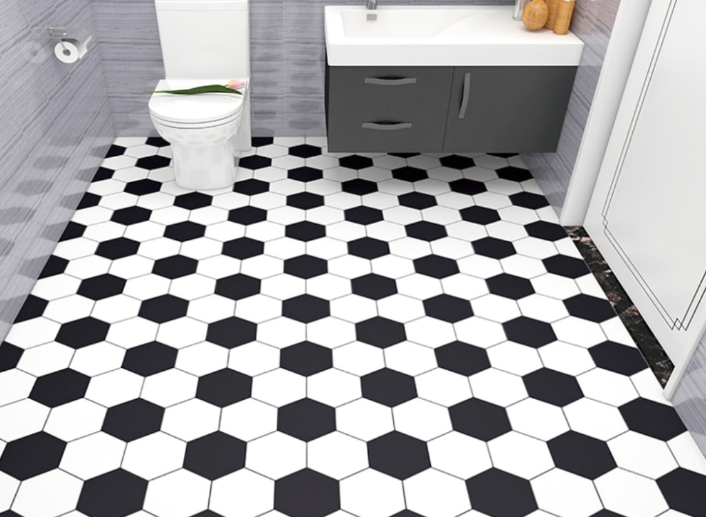 Black White Hexagon Toilet Bathroom Kitchen Tile Flooring Self Adhesive Sticker Water Proof Anti Slip Wallpaper Home Decor Furniture Home Living Home Decor Wall Decor On Carousell