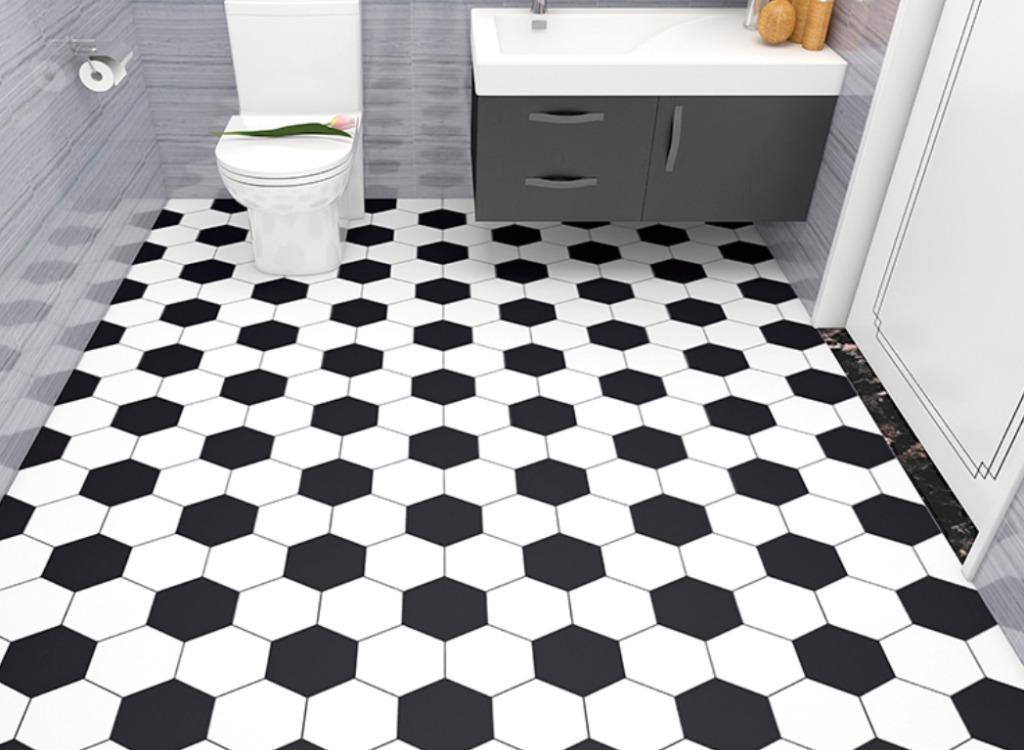 Black White Hexagon Toilet Bathroom Kitchen Tile Flooring Self Adhesive Sticker Water Proof Anti Slip Wallpaper Home Decor Furniture Home Living Home Decor Wall Decor On Carousell
