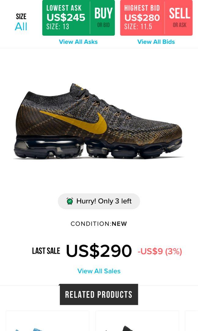 Nike Vapormax v1 Black Mineral Gold US 9.5 Men s Fashion