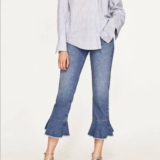 Zara Frill Ruffle Jeans, Fesyen Wanita 