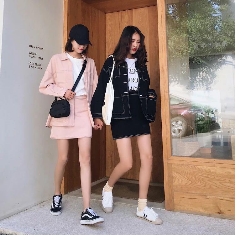Black pink denim jacket top