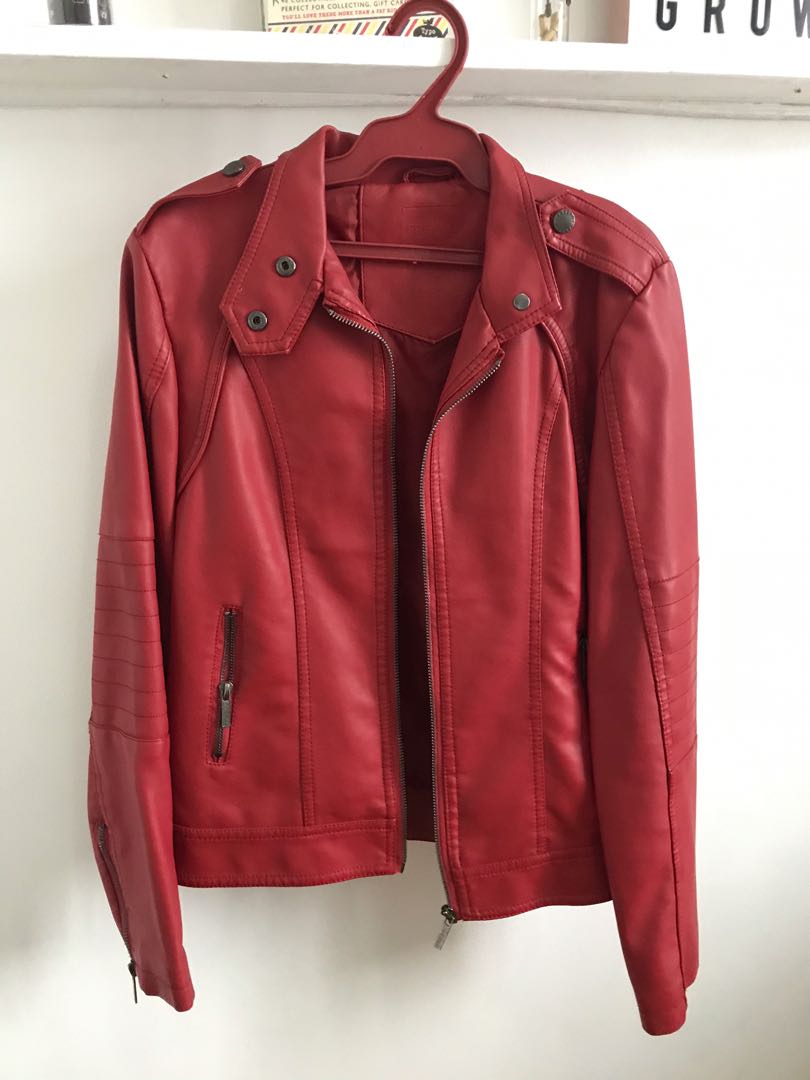 Freego Red Leather Jacket, Women's Fashion, Coats, Jackets and ...