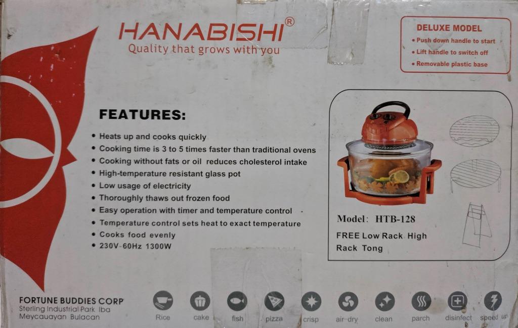 Hanabishi HTB-128 Multi-Functional Turbo Broiler (Category: Other Kitchen Appliances) located in Pasay City. Submitted by _antonne (Listing ID 1049180500, Image 3). Description: SRP: Php2,105 Selling for 1.9k Quick specs: - Dimensions (LxWxH): 32cm x 32cm x 20cm - Tough tempered-glass pot - Pilot lamp power and heat indicator - Low and high rack, tong - 1300 Wattage Item was won in a raffle and was only used once for testing. In excellent conditi