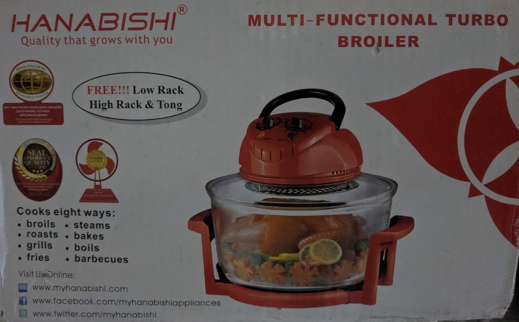 Hanabishi HTB-128 Multi-Functional Turbo Broiler (Category: Other Kitchen Appliances) located in Pasay City. Submitted by _antonne (Listing ID 1049180500, Image 2). Description: SRP: Php2,105 Selling for 1.9k Quick specs: - Dimensions (LxWxH): 32cm x 32cm x 20cm - Tough tempered-glass pot - Pilot lamp power and heat indicator - Low and high rack, tong - 1300 Wattage Item was won in a raffle and was only used once for testing. In excellent conditi