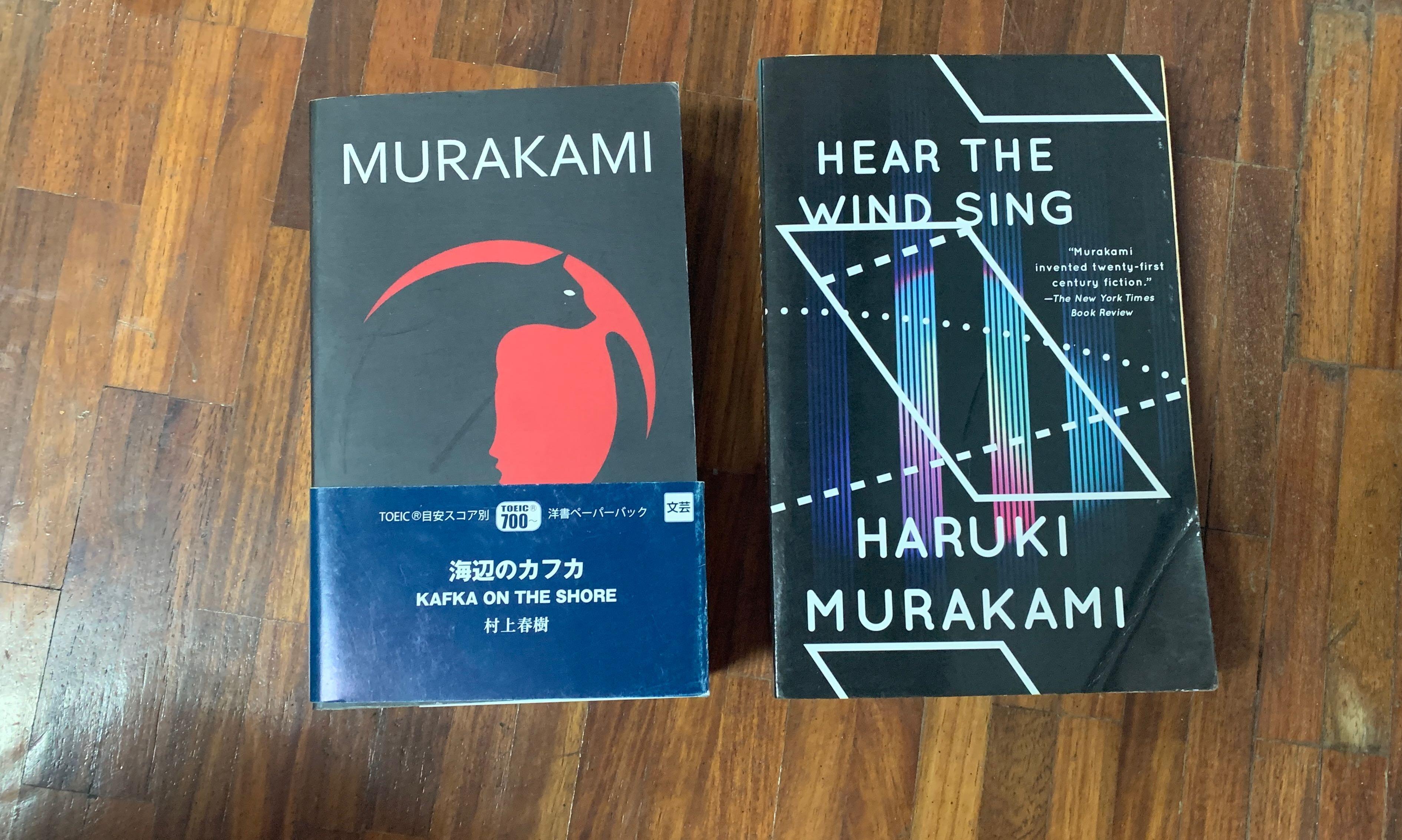 Haruki Murakami novels (Category: Storybooks) located in Makati City. Submitted by declutteringpepper (Listing ID 1049137025, Image 1). Description: Hear the wind sing, ₱500 Kafka on the shore bought from Tokyo, Japan ₱600.