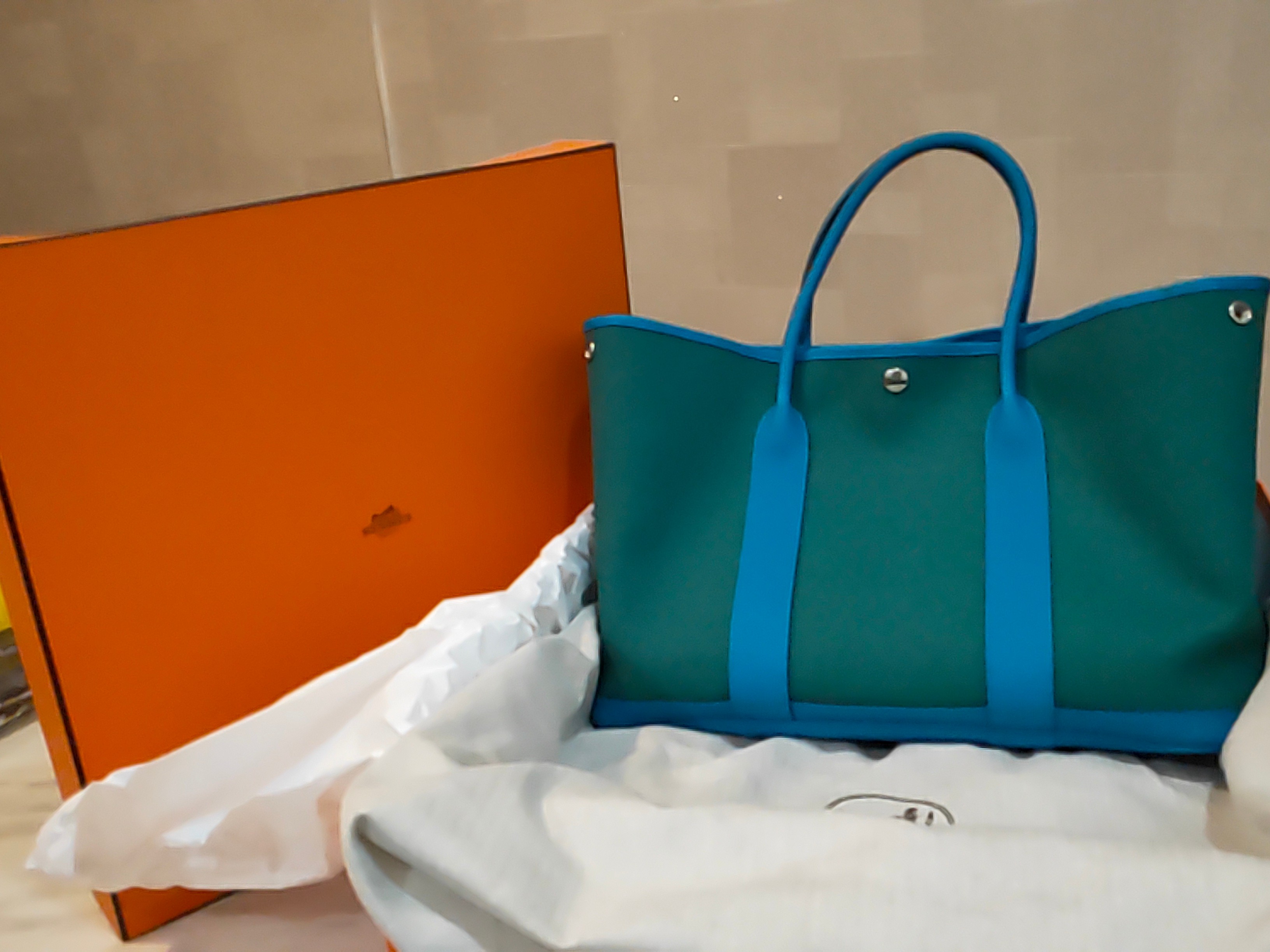 Authenticated Used Hermes HERMES Garden 36 Tote Bag Vash Country Blue  Tonpet □Q Engraved 