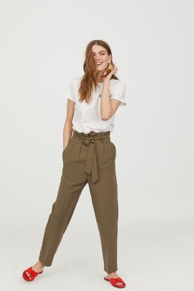 H M Khaki Paperbag Trousers Highwaist Pants Women s Fashion