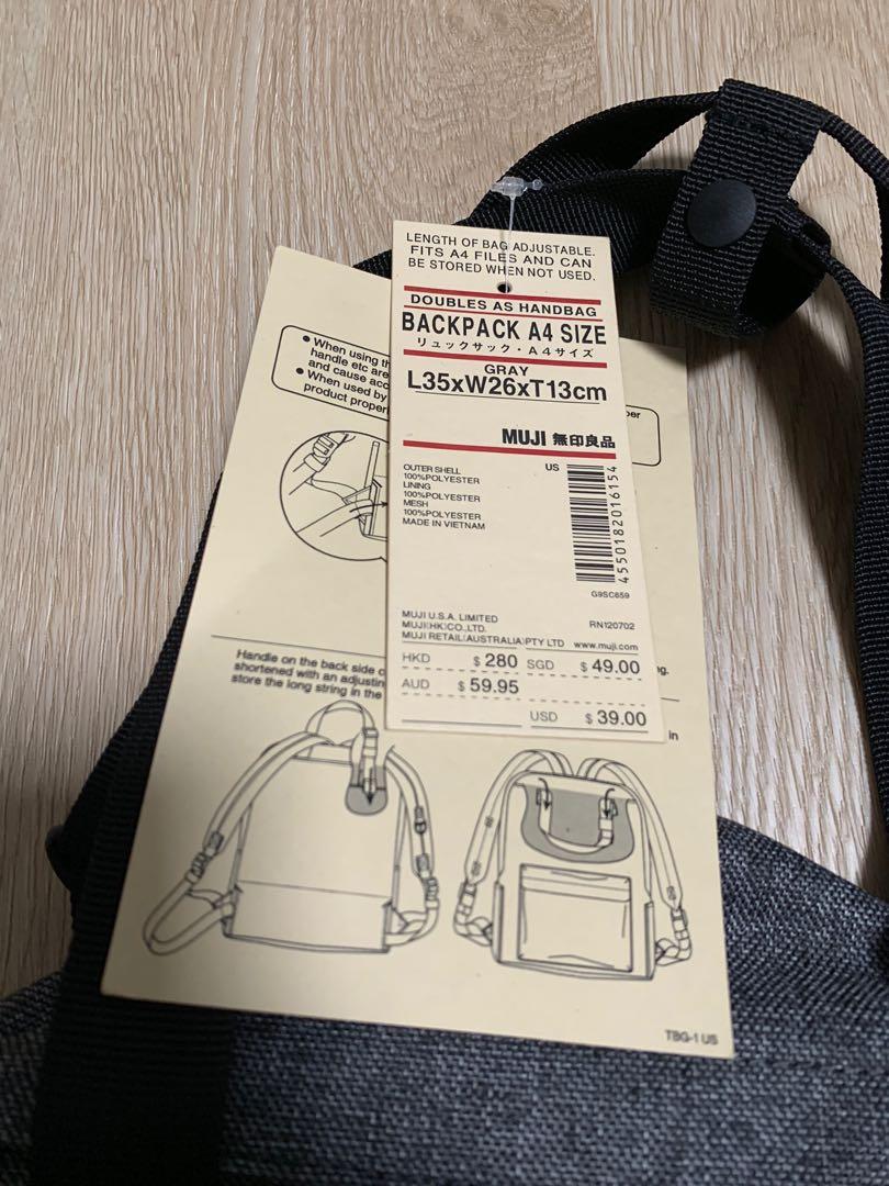 MUJI Women’s Backpack With Adjustable Handles A4size, Women's Fashion