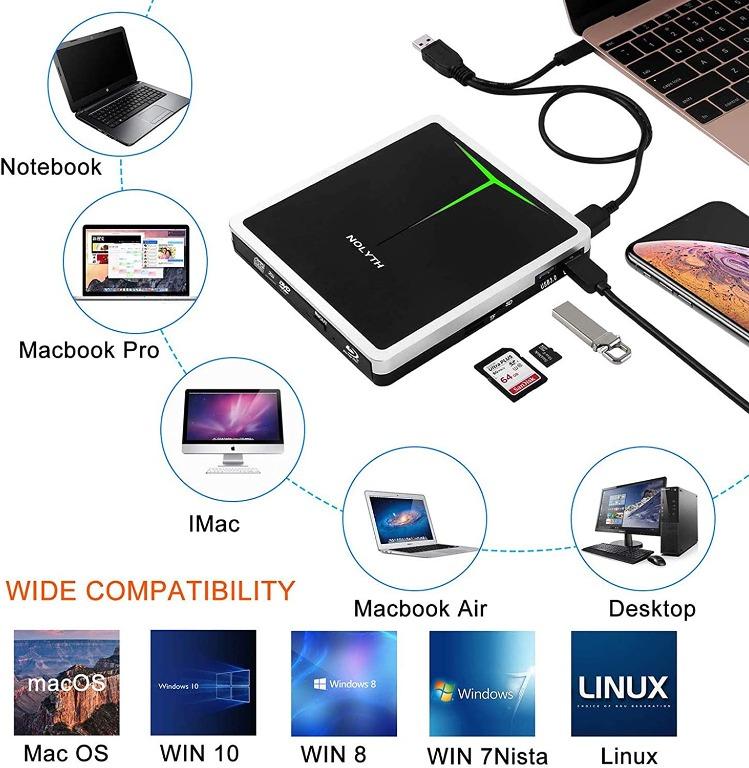 Nolyth External Blu Ray Drive Usb 3 0 Type C 5 In 1 Bluray Player Burner For Laptop Macbook Air Pro Mac Imac Windows Pc Desktop Electronics Others On Carousell