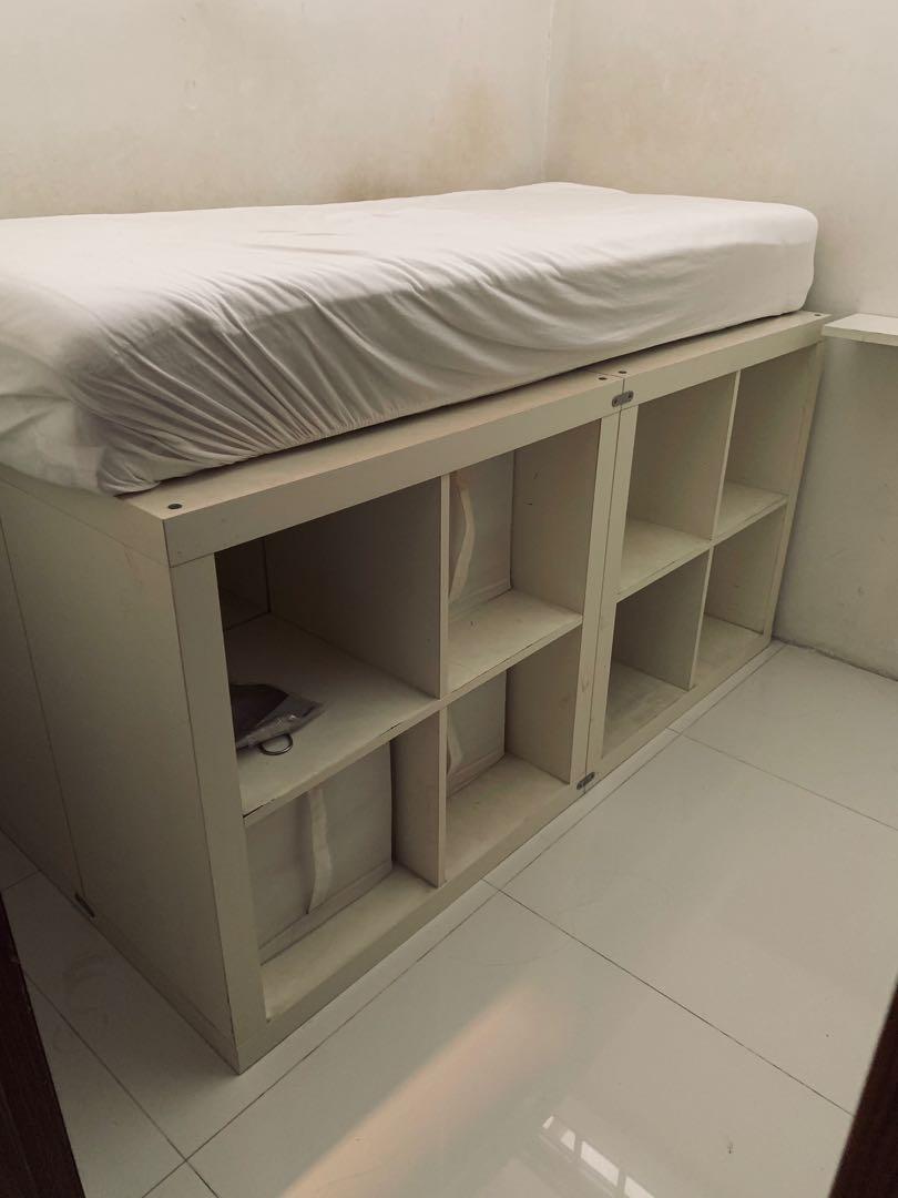 Bunk bed with underside storage compartments., Furniture, Shelves