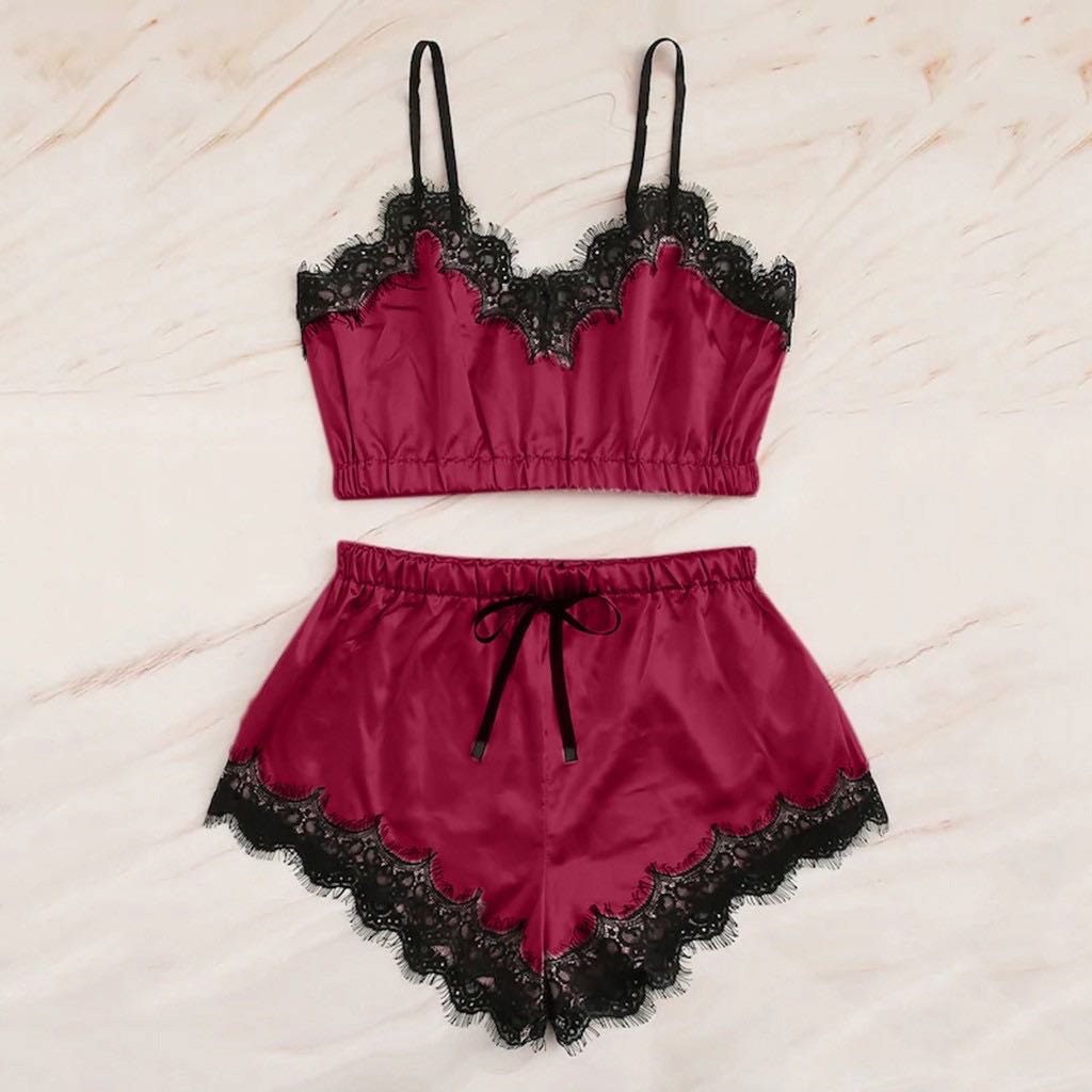 Sexy Maroon Red Black Lace Silk Satin Coordinates Terno Pair Sleepwear ...