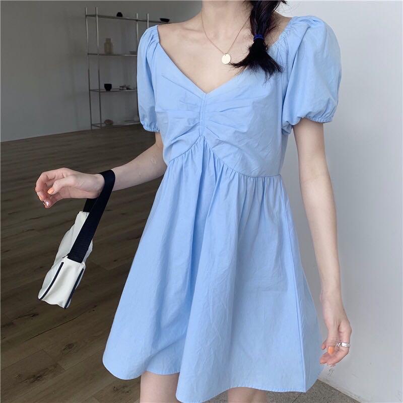 Korean Dress V-Neck Bubble Sleeve Sky Blue Dress, Women's Fashion, Muslimah  Fashion, Dresses on Carousell