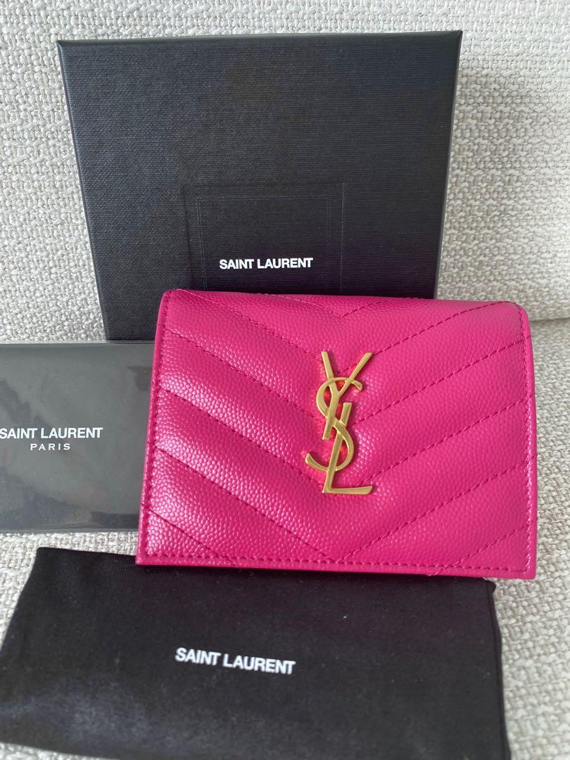 Auth Saint Laurent Fold Purse #5801 Small Mini Wallet YSL Pink/Silver  Leather