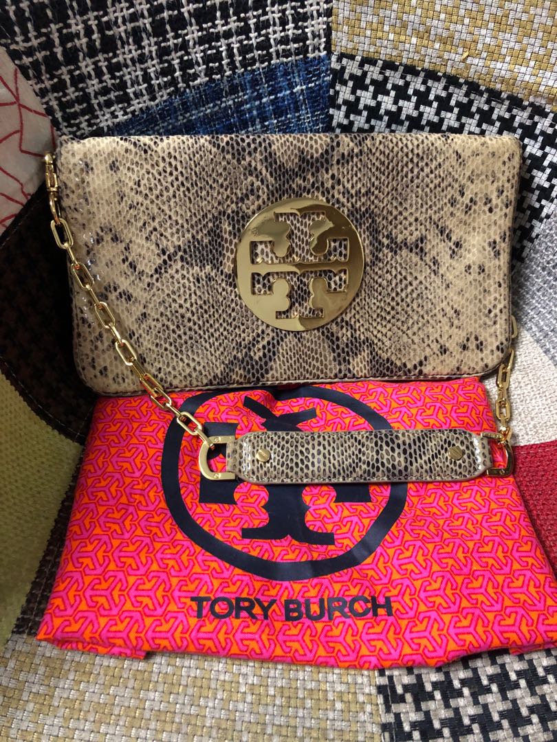 Tory Burch Bombe Reva Snake Embossed Leather Clutch - LabelCentric