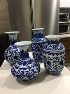 4 pieces blue and white ceramic vases