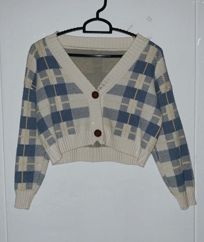 blue checkered cardigan