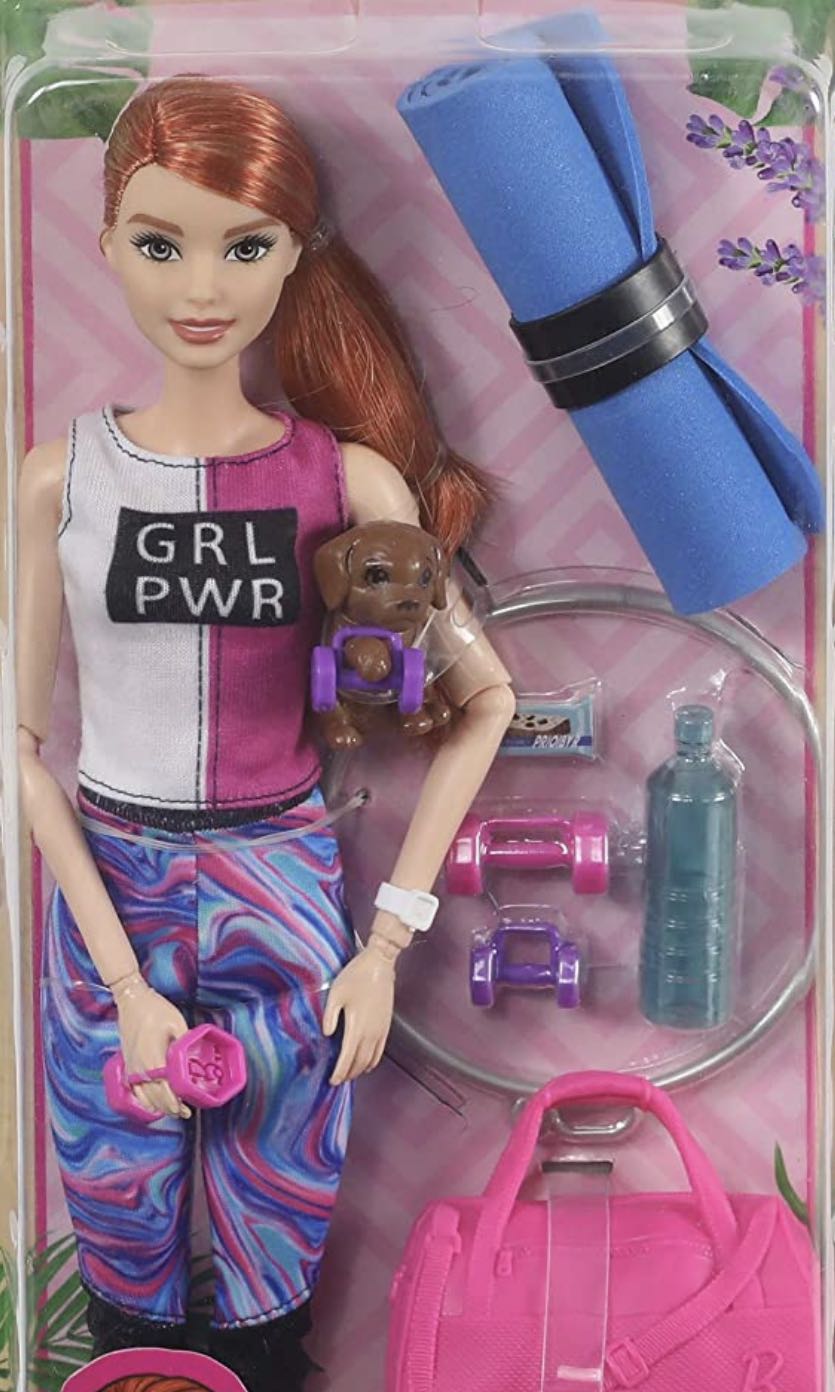  Barbie Doll, Red-Haired Fitness Doll with Puppy & 9 Accessories  Including Yoga Mat with Strap, Hula Hoop, Weights & Bag : Toys & Games
