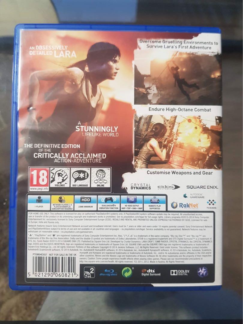 PS4 - Tomb Raider (Definitive Edition) - Game Disc (Category: PlayStation) located in Mandaluyong City. Submitted by hunterparas (Listing ID 1049539131, Image 2). Description: Tomb Raider: Definitive Edition® The cinematic action-adventure that forced Lara Croft to grow from an inexperienced young woman into a hardened survivor has been re-built for next-gen consoles. The cinematic action-adventure that forced Lara Croft to grow from an inexperie