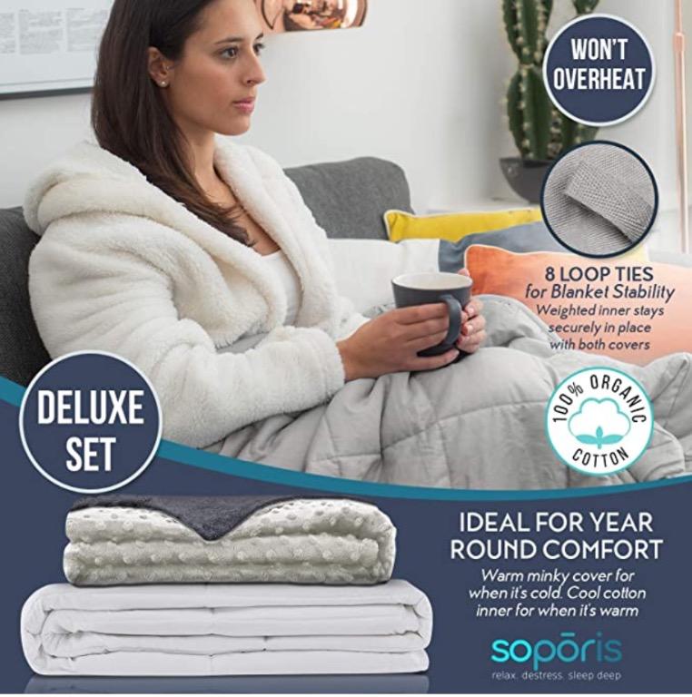Soporis Adult Weighted Blanket with Cover Luxurious Soft Removable Washable Sensory Cover Weighted Blankets for Adults Insomnia Anxiety Stress Relief Embrace Gravity 120x180cm 6.8kg B Furniture Home