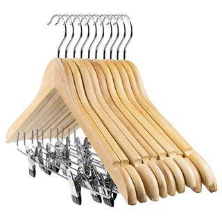 Wooden Pant Hanger, Wooden Suit Hangers with Steel Clips and Hooks, Natural Wood, Standard Clothes Hangers (10 pcs)