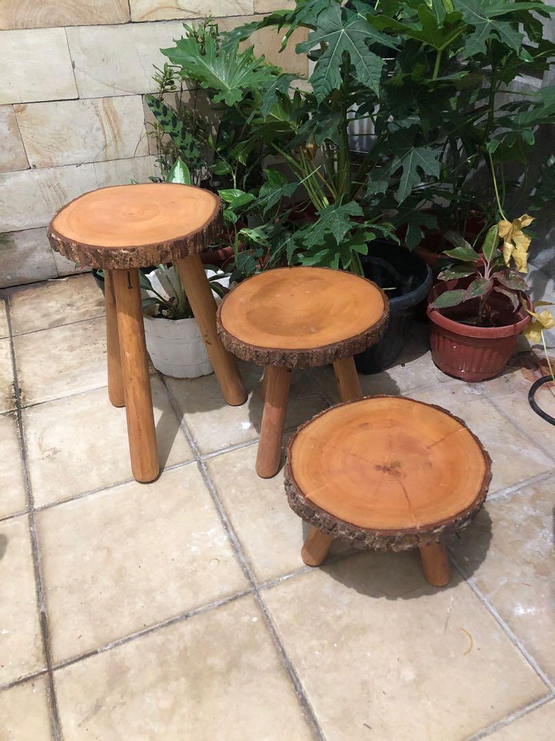 1 Set Meja Kayu Bulat Stool Tempat Tanaman Pot