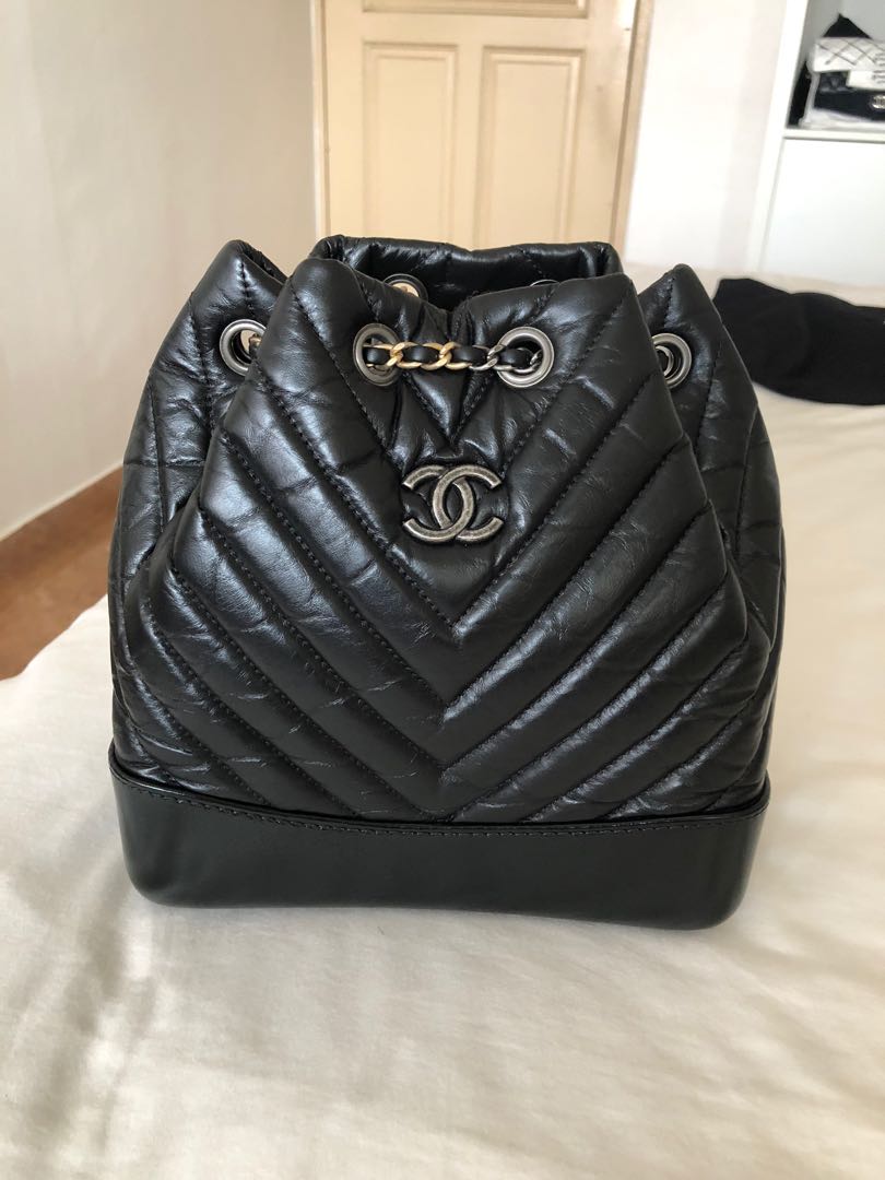 Chanel Gabrielle Chevron Backpack Dark Silver Metallic Grained