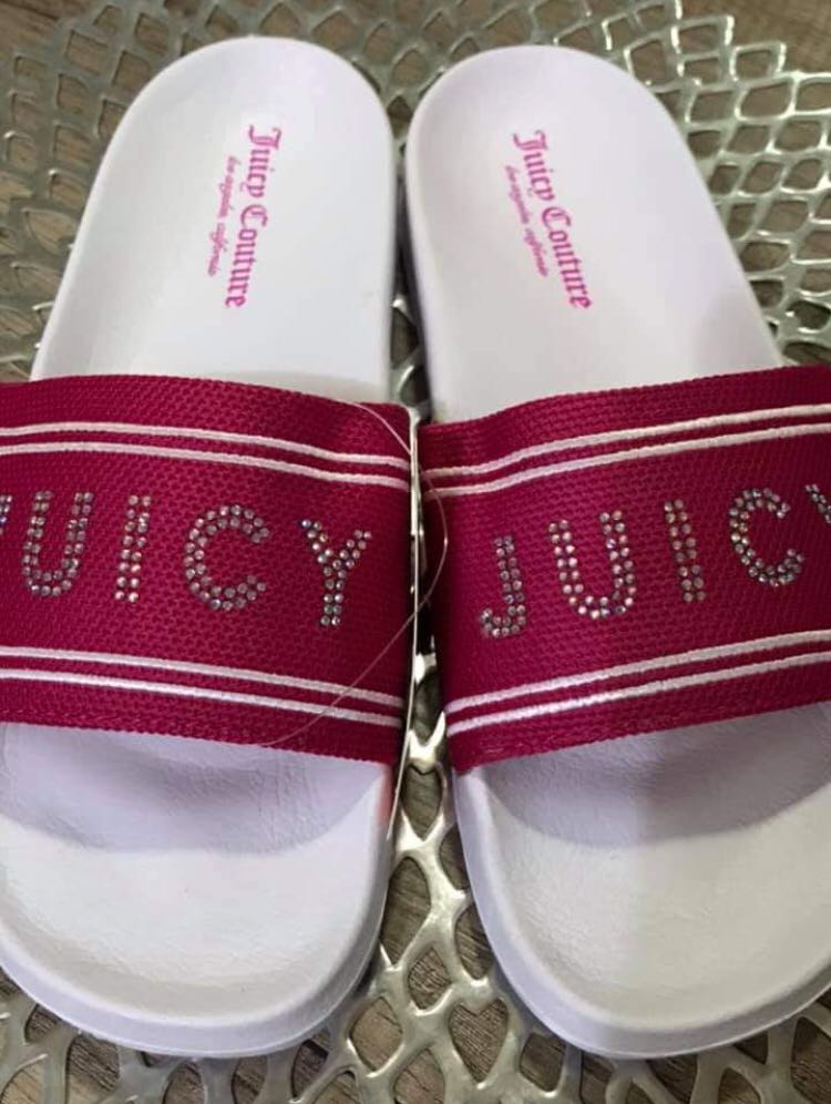 Juicy Couture Slides Pink And White, Women's Fashion, Footwear, Flats