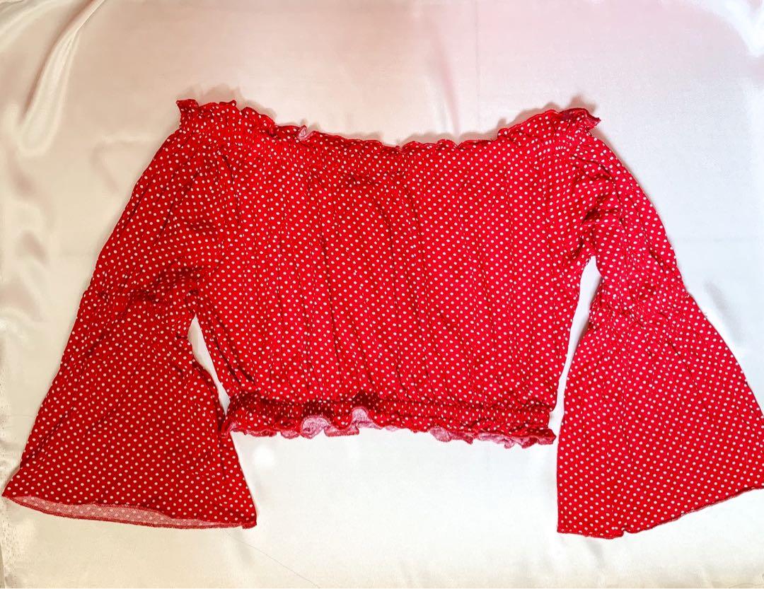 red polka dot off the shoulder top
